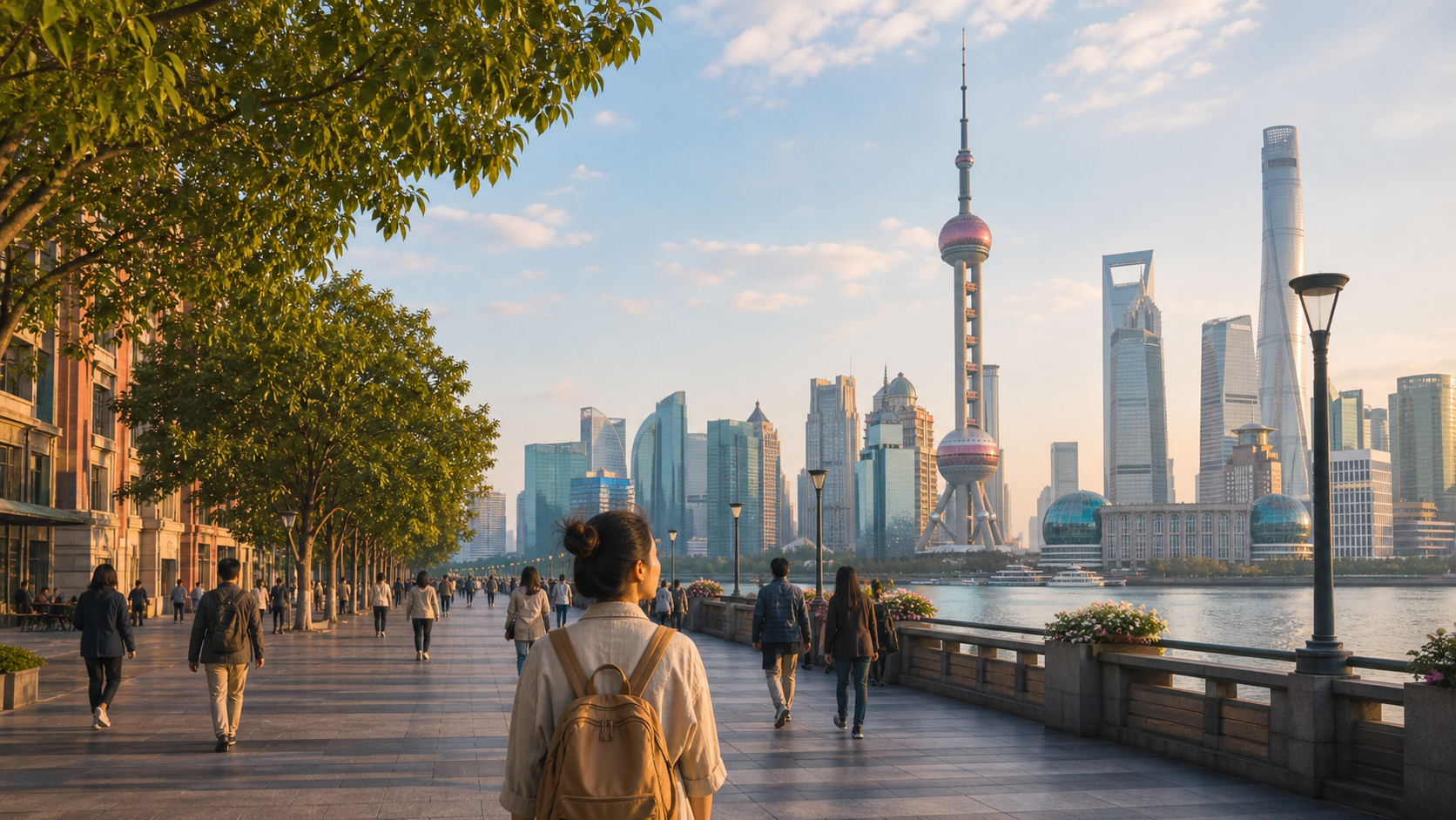 Modern China travel portal hero with skyline, waterfront, and international travel atmosphere